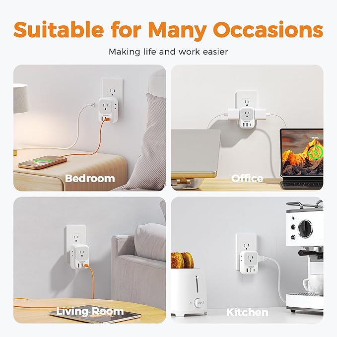USB Wall Charger, Wall Plug Adapter Outlet Extender, TESSAN 3 Charger Block (1 USB C Port), Multi Charging Station for Cruise, Bathroom, Office, Dorm Essentials