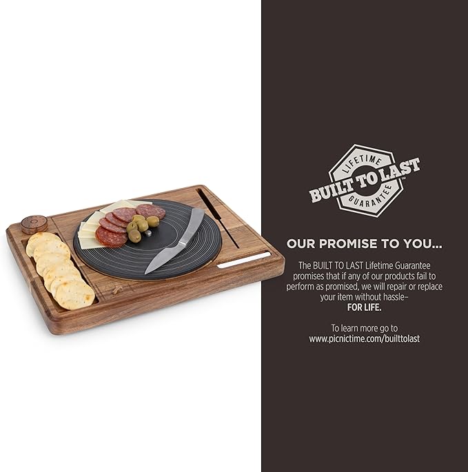 PICNIC TIME Turntable Cheese Board with Knife, Retro Vinyl Record Charcuterie Board, Spinning Lazy Susan Serving Slate Tray with Chalk for Labeling, (Acacia Wood)