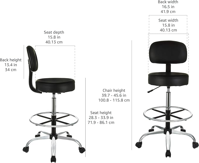 Amazon Basics Multi-Purpose Adjustable Drafting Spa Bar Stool with Sturdy Foot Rest, Back Support Cushion, 360° Swivel and Wheels, Black