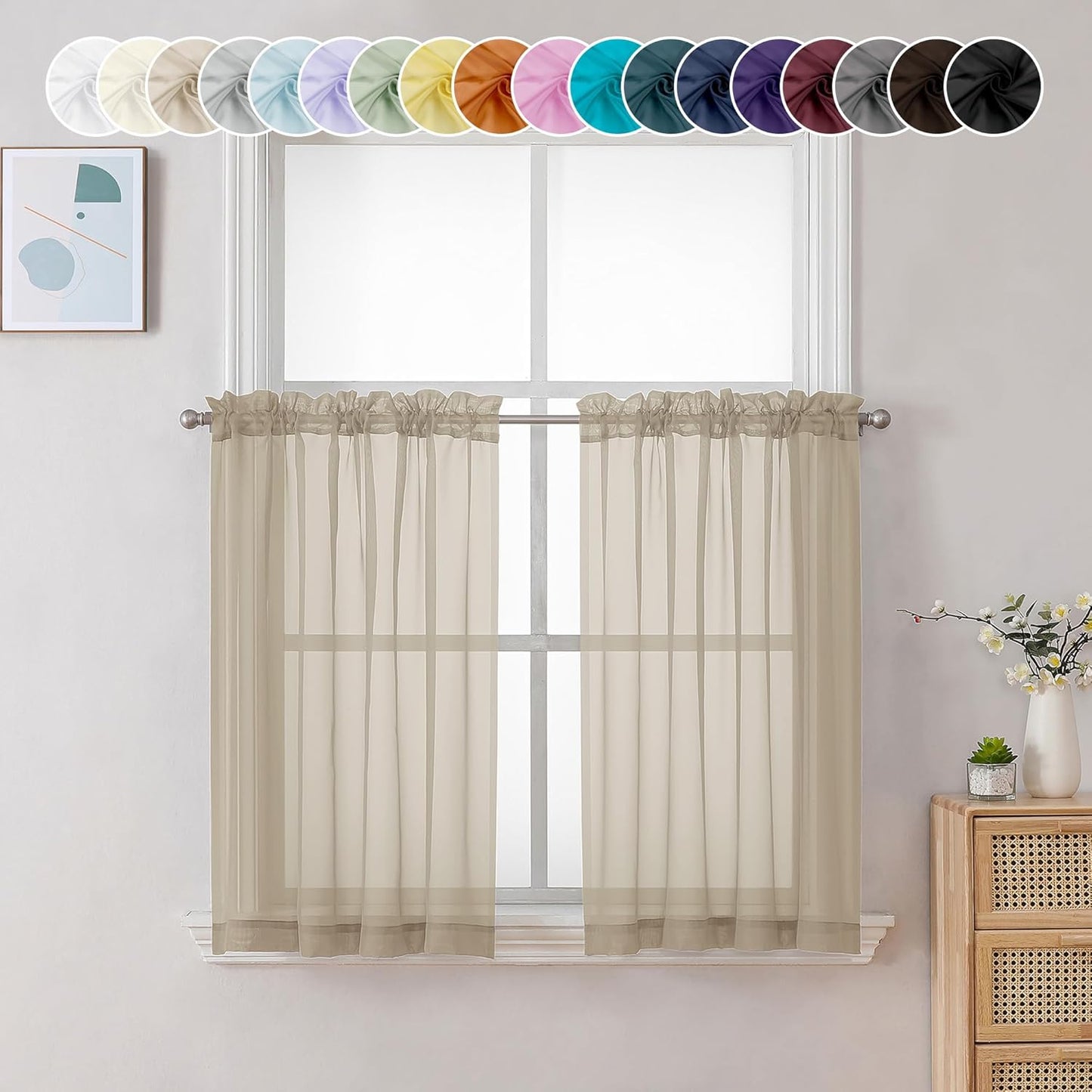 Chyhomenyc Taupe Sheer Curtains 24 Inch Length, Short Window Curtains for Bathroom Living Room Basement, Light Filtering Small Cafe Curtains, 42W x 24L Inches, 2 Panels