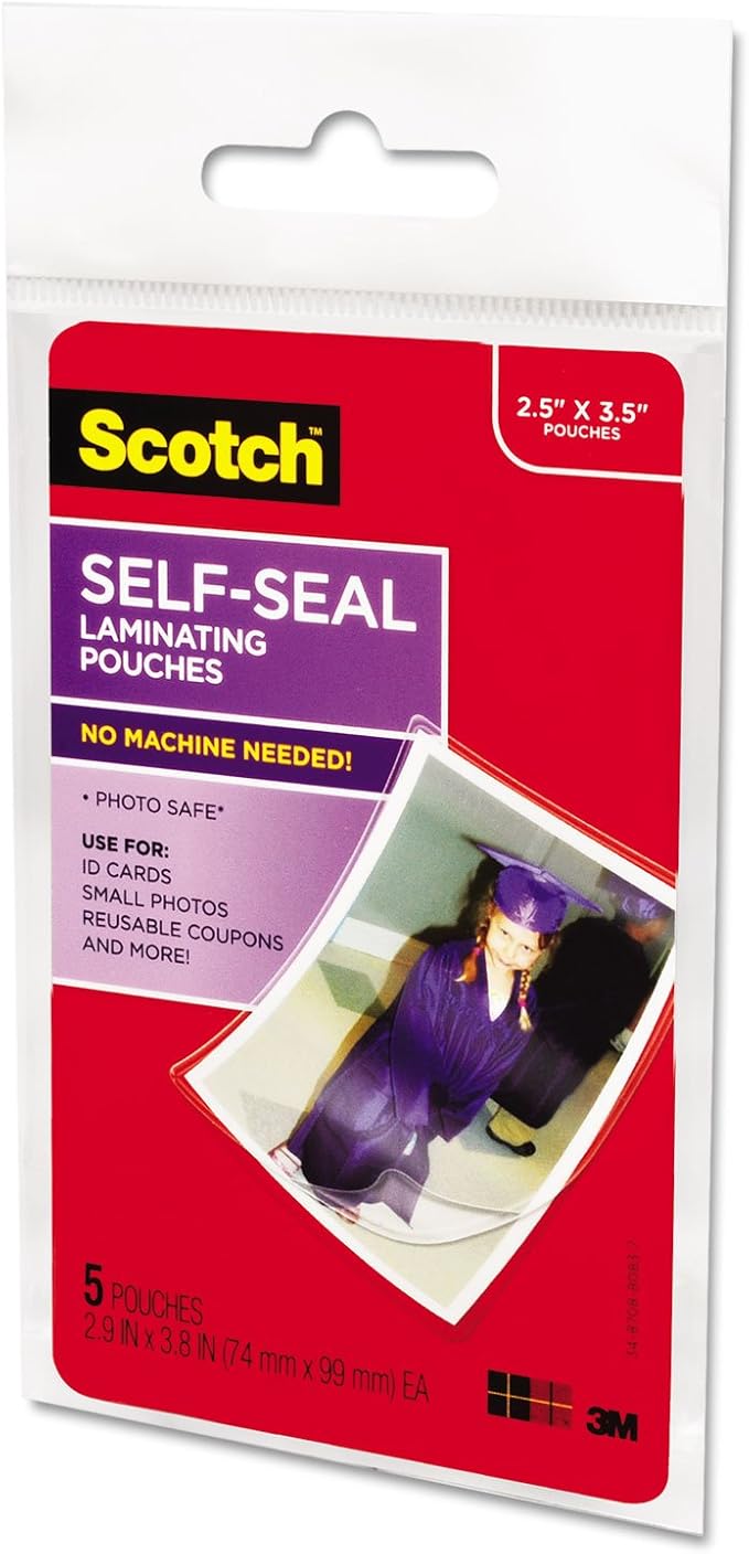 Scotch Self-Sealing Laminating Pouches, Wallet Size (Approx. 2.8″ x 3.8″ Inner) – 5 Pack, Clear Permanent Self Lamination for ID Cards & Photos