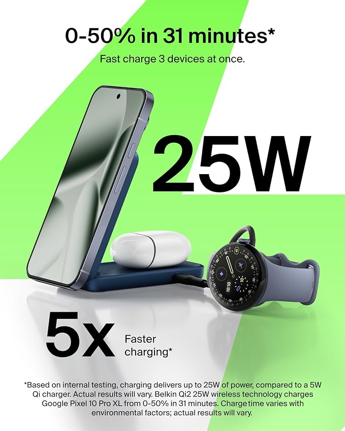 Belkin MagSafe Charger Compatible, 2-in-1 Charging Station, Qi2.2 25W Magnetic Wireless Charger Dock, Foldable Stand, with 5W USB-C Port, for iPhone 17/16/15, Pixel 10, AirPods (45W Adapter Included)