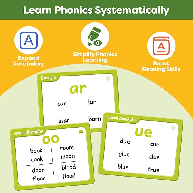 Torlam Sight Words Flash Cards for Kids Phonics Learning,Learn to Read Digraphs CVC Blends Long Vowel Sounds Spelling Reading Phonics Games, Site Words for Classroom Homeschool