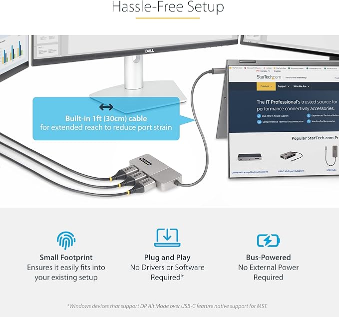 StarTech.com 3-Port USB-C Multi-Monitor Adapter, USB Type-C to 3x DisplayPort 1.4 MST Hub, Triple 4K 60Hz DP Laptop Display Extender / Splitter, HDR, Extra-Long Built-In Cable, Windows (MST14CD123DP)