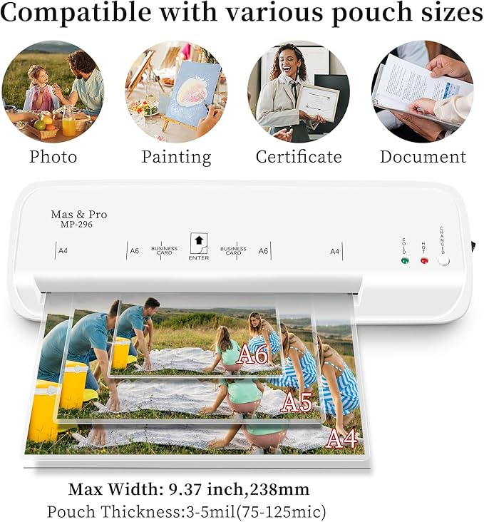9 Inch Thermal Laminator Machine with 40 Laminating Sheets, 3-5mil, for A4, A5, A6, Photos, Small Personal Laminator for Home Office School use, Hot & Cold, 2-Roller, Anti Jam, White, by Mas & Pro