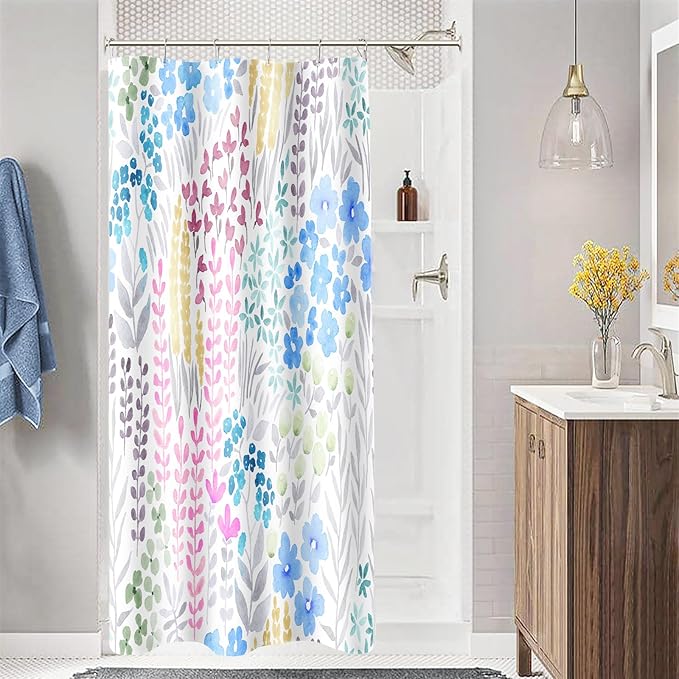 Small Stall Shower Curtain 36 x 72 Inch, Half Narrow Cute Floral Shower Curtain for Bathroom, Blue Pink Yellow Wildflower Boho Cottagecore Fabric Shower Curtain Set with Hooks