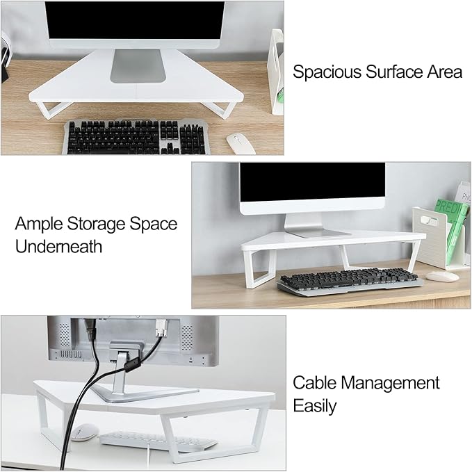 TEAMIX 26 inch White Triangle Monitor Stand Riser, Desktop Corner Shelf with Metal Leg Wood Computer Stand with Storage Laptop Riser Office Organization