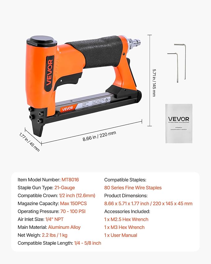 VEVOR Pneumatic Staple Gun, 21 Gauge Air Upholstery Stapler for 80 Series Fine Wire Staples 1/2" Crown 1/4"-5/8" Length, Max 150PCS Loading Air Staple Gun for Upholstering, Woodworking, DIY Projects