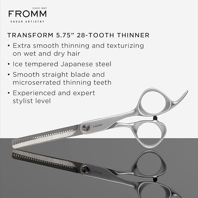 Fromm Professional Transform 5.75" 28-Tooth Extra Smooth Hair Thinning & Texturizing Shears on Wet & Dry Hair in Matte Silver Japanese Steel Scissors with Beveled Blade for Salon Stylists