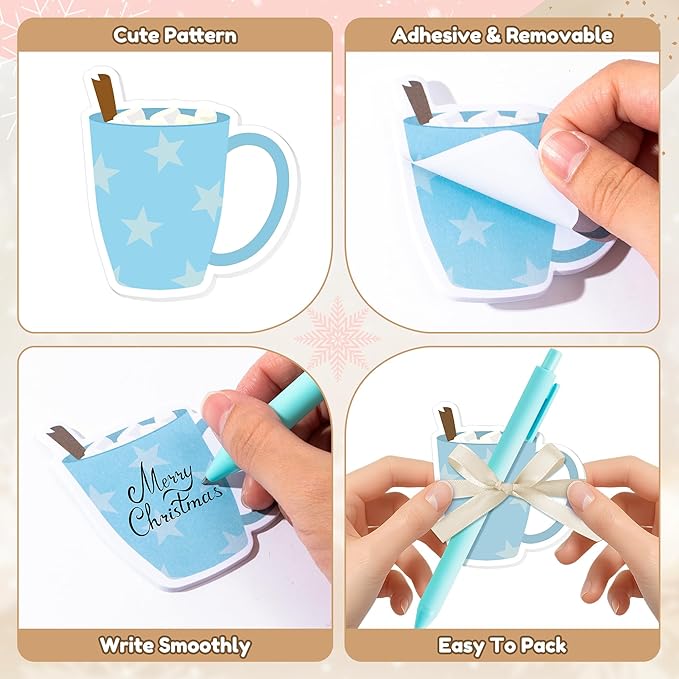 Xqumoi Winter Hot Cocoa Sticky Notes with Pen Gift Set - 24 Set Christmas Coffee Self Sticky Writing Memo Pads Ballpoint Pens with Mesh Bag Party Favors School Classroom Rewards Office Supplies
