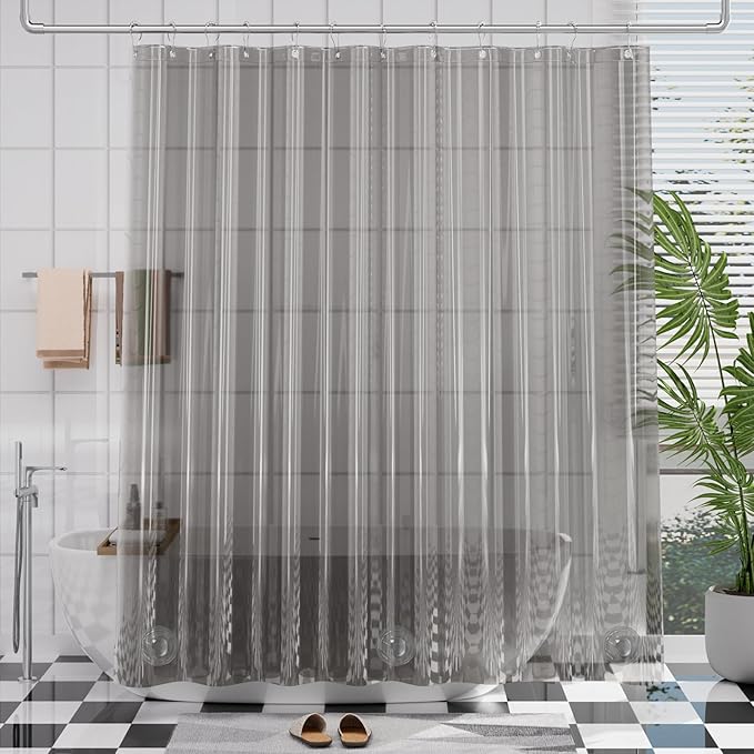 AmazerBath Premium EVA Shower Curtain Clear Grey, Luxury Shower Curtain Grey Jelly-Like Soft, Waterproof Bathroom Curtain with 3 Weighted Stones and 12 Grommets, Recyclable Packaging