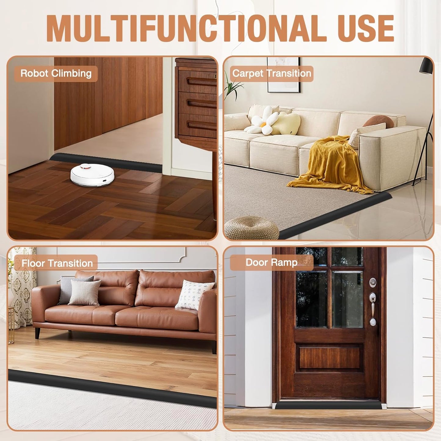 Floor Transition Strip Self Adhesive Vinyl Door Threshold for Doorways Carpet Edging Trim Overlap Edge Reducer for Laminate Floor, Carpet, Tile (Black, 3/5" to 4/5", 6.6Ft)