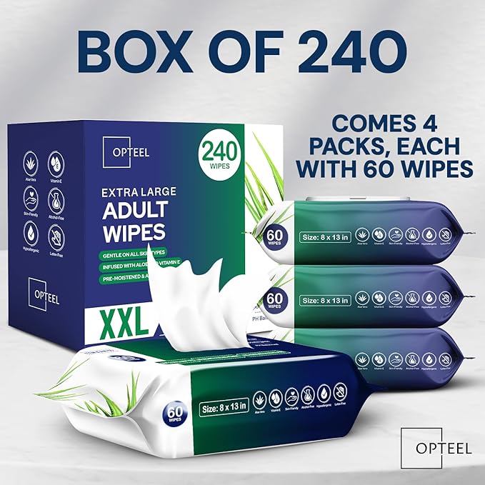 Adult Wipes For Elderly - 8"x13" Extra Large & Soft Wet Wipes for Adults Bathing - Incontinence Disposable Washcloths, Vitamin E & Aloe Infused for Men & Women 240ct (4 Packs of 60)