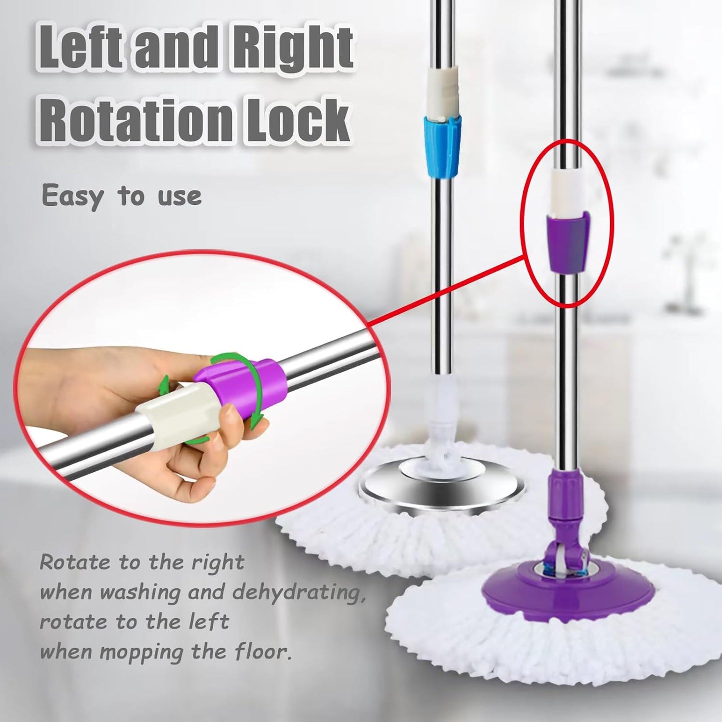 Extended Spin Mop Replacement Mop Handle, Upgraded 60-inch 360 Degrees Rotating Telescopic Replacement Mop Stick for Spin Mop Bucket Cleaning System Floor Cleaning (Plastic Disc, Purple)