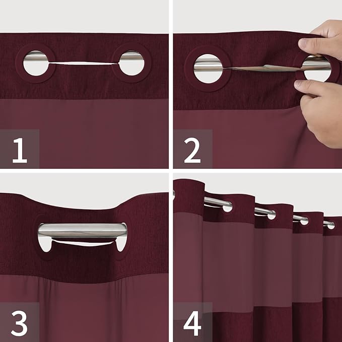 Extra Long No Hooks Needed Linen Textured Shower Curtain with Snap-in Fabric Liner Set,White Hotel Luxury Decor Shower Curtains for Bathroom,Waterproof & Washable,71Wx86H,Burgundy