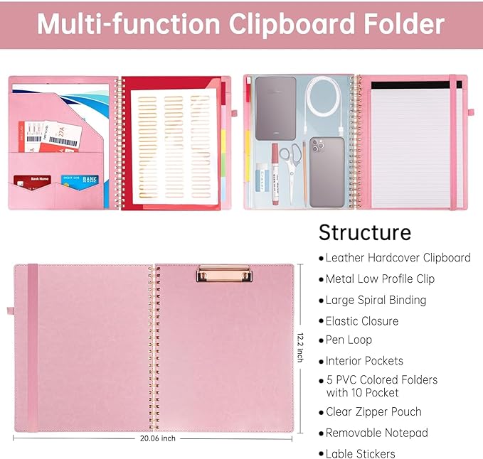 HAUTOCO Spiral Leather Clipboard Folio with Notepad (8.5 x 11''), 5 Folders with 10 Pockets, Storage Zipper Pouch, Pen Loop, 39 Stickers, Padfolio Organizer for Work School, Pink