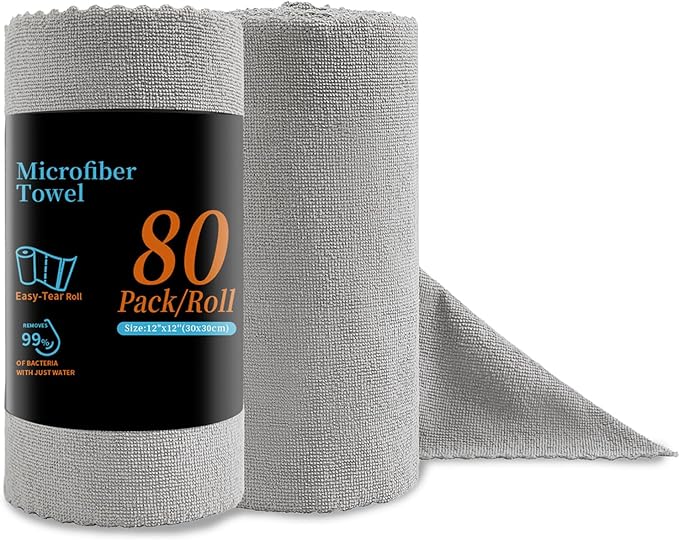 80 Pack Microfiber Cleaning Cloth Roll Grey Reusable Paper Towels 12"x12" Tear Away Cloth, Microfiber Towels for Cars, Wash Cloths, Lint Free Rags for House, Kitchen,Window,Cleaning Supplies