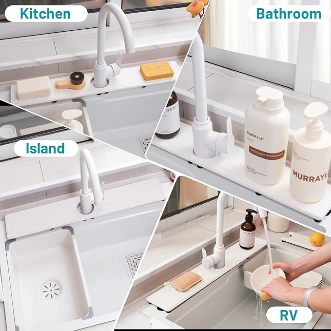 Faucet Mat for Kitchen Sink with Raised Feet, Fast Drying Diatomite Stone Sink Tray, Water Absorbent Faucet & Sink Splash Guard, Prevents Moisture Buildup, Durable Protector for Bathroom Counter