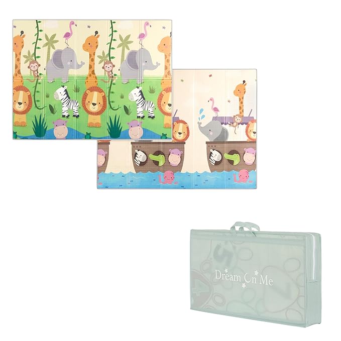 Dream On Me Play Time Reversible Baby Play Mat Foldable Extra Large Thick Foam Crawling Playmats for Toddlers Waterproof Portable Playmat, Happy Feet
