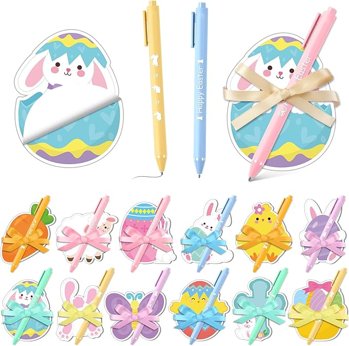 24 Set Easter Sticky Notes and Pens Set Gifts Self Sticky Note and Pens Mini Notepad Cute Memo for Study Office Supplies
