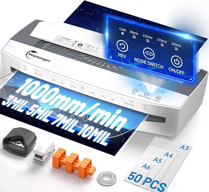 3-10 Mil Laminator Machine, 4-Roller Commercial Laminator Machine with 50 Laminating Sheets, 13 Inch Laminating Machine 11X17 with 1000mm/min Speed & REV Jam-Free for Office School Home