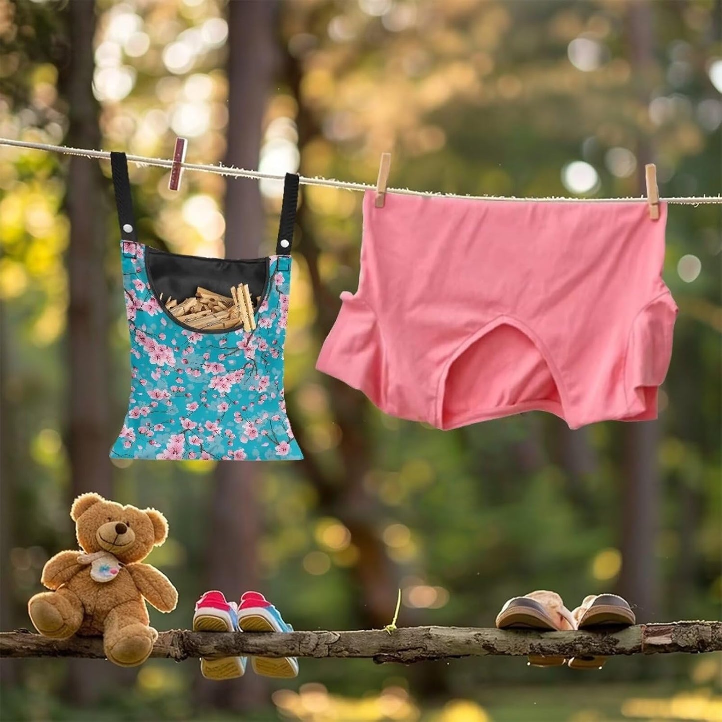 Cherry Blossom Clothespin Pouch with Hanging Hook - Waterproof Clothespin Storage for Outdoor Use