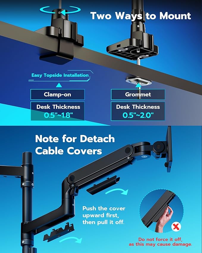 ARES WING Dual Monitor Arm for Ultrawide Heavy Duty Curved Monitor Stacking, Fits 17-49 Inch, Vertical Gas Spring Double Monitor Stand with USB, Adjustable Dual Monitor Mount for Desk, Black