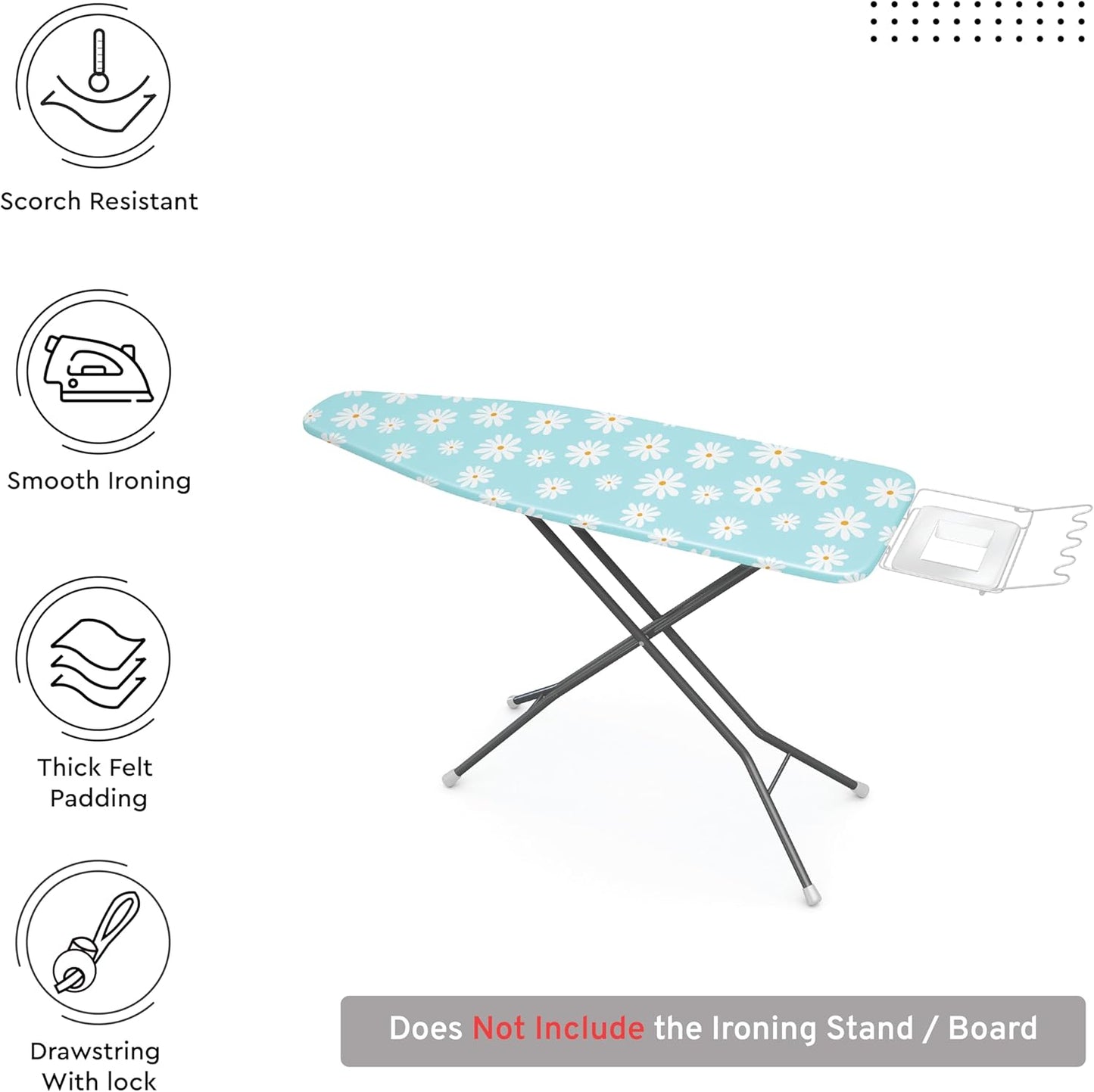 Encasa XO Ironing Board Cover and Pad 49"x18" - Thick 3mm Felt Padding, Drawstring Tightening & Lock, Easy Fit, Scorch & Stain Resistant, Fits Wide Ironing Board - Daisy Blue