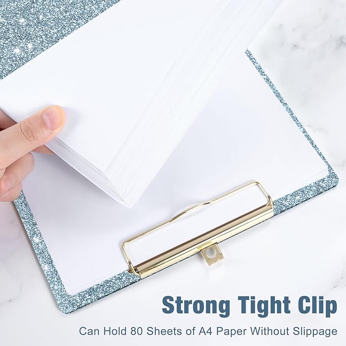 Piasoenc Acrylic Clipboards, Fashion Glitter Clip Board with Low Profile Gold Clip, Designed for Classroom School and Office Use, A4 Letter Size 9 x 12.5 in,Ice Blue