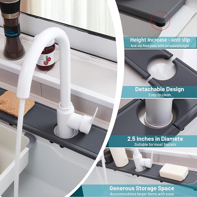 Faucet Mat for Kitchen Sink with Raised Feet, Fast Drying Diatomite Stone Sink Tray, Water Absorbent Faucet & Sink Splash Guard, Prevents Moisture Buildup, Durable Protector for Bathroom Counter