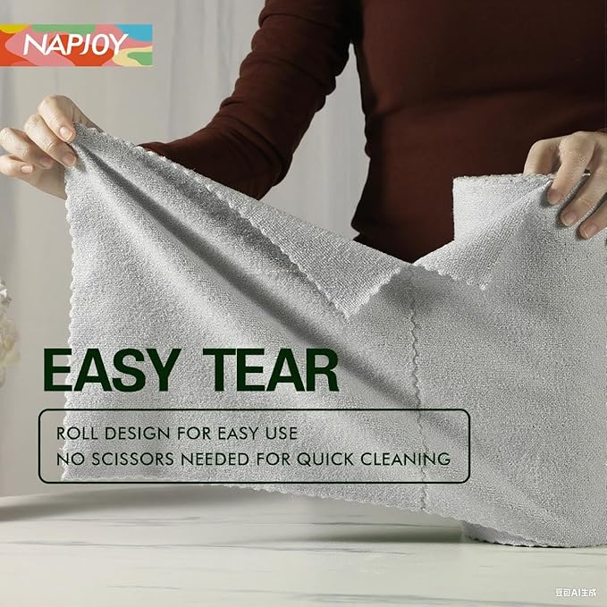 Napjoy Microfiber Cleaning Cloth Roll, 75PK Easy Tear Away Reusable Paper Towels, 12" x 12", Lint-Free and Scratch-Free with Patented Fiber Technology Microfiber Towel Roll, Grey