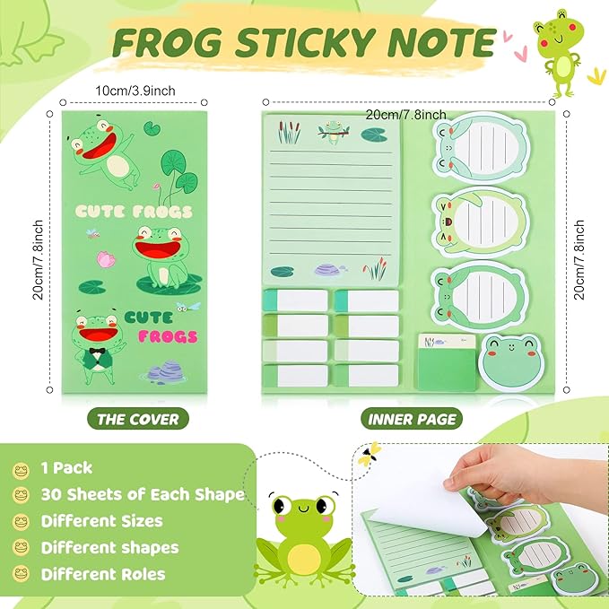 Crtin 69 Pcs Cute Sticky Notes Set,Cartoon Pen, Stickers, Paperclip, Sticky Memos Office & Party Favors(Frog)