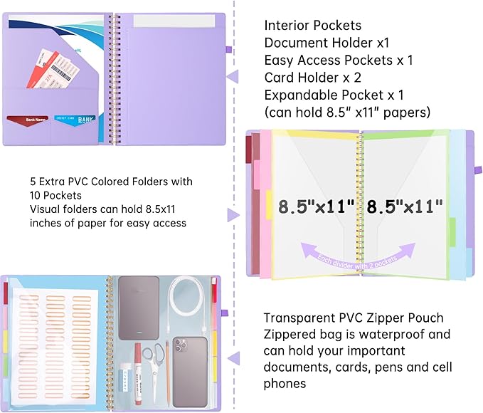 HAUTOCO Spiral Leather Clipboard Folio with Notepad (8.5 x 11''), 5 Folders with 10 Pockets, Storage Zipper Pouch, Pen Loop, 39 Stickers, Padfolio Organizer for Work School, Lavender