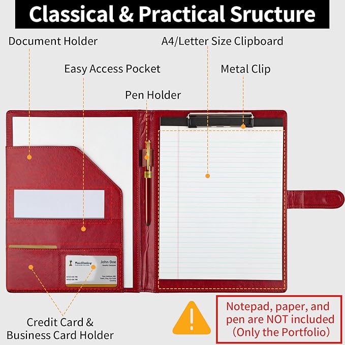 Professional Padfolio with Clipboard, Faux Leather Portfolio Folder Binder, Legal Pad Holder for A4 Letter Size Notepad, Resume, Writing, Ideal Organizer for Business Office Conference (Red)