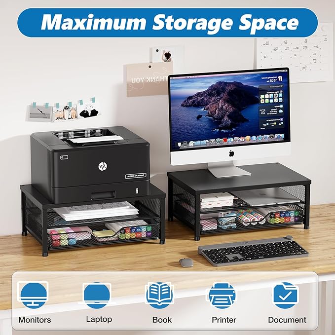 OPNICE Computer Monitor Stand Riser, Desk Organizer with Drawer, Laptop Stand, Office Desk Accessories & Workspace Desktop Organizers Storage for Office Supplies(Black 2-Pack)