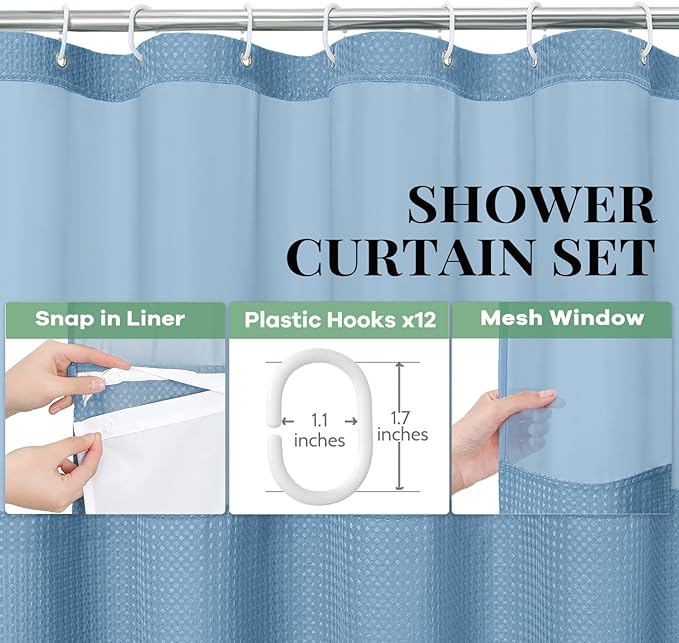 Dynamene Extra Long Shower Curtain, 84 Inch Long Waffle Fabric Shower Curtain for Bathroom, Tall Waterproof Cloth Shower Curtain Set with Hook, Snap in Liner, Mesh Top Window, Moonlight Blue, 72x84