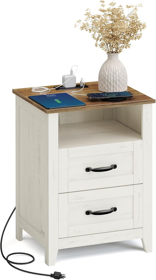 VASAGLE LIRY Collection - Farmhouse Nightstand with Charging Station, Bedside Table, Side Table with 2 Drawers, Open Compartment, for Bedroom, Rustic White and Honey Brown ULET669W01
