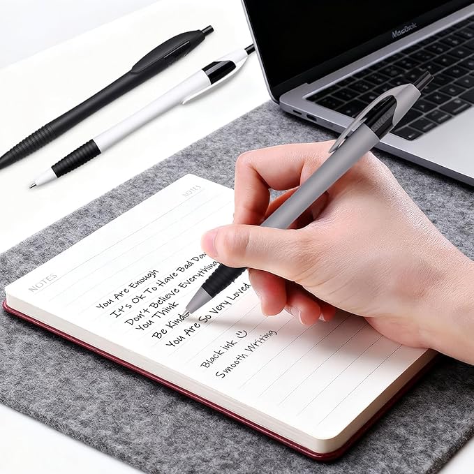 Pens Bulk, 60 Pack Minimal Gripped Slimster Ballpoint Pens, Black Ink 1.0mm, Smooth Writing Click Pens in White Grey Black, Ideal for Office, School, Teachers, Students & Front Desk Use