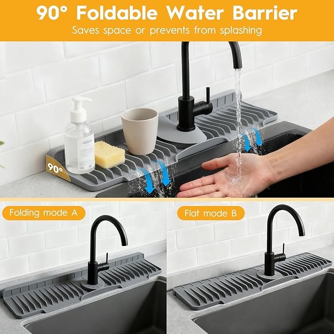 24" Silicone Faucet Mat for Kitchen Sink Released in 2025/12TH,8° Slope Fast Self-draining, Bathroom Kitchen Sink Area Water Splash Guard Behind Faucet Draining Dark Grey