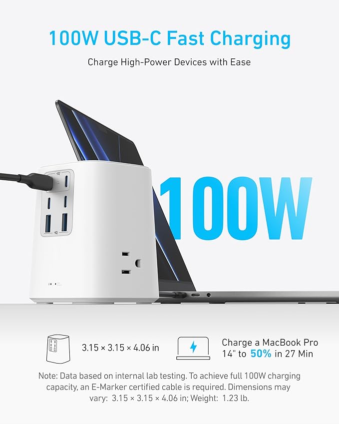 Anker Desktop Charger, 9-in-1 Power Strip with 300J Surge Protector, 5ft Flat Plug Extension Cord with Multiple Devices, 100W USB C Charger with 3 AC, 2 USB A, 4 USB C, Home Office, Desk Accessories