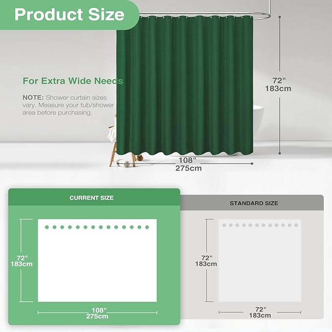 Dynamene Extra Wide Shower Curtain-108 Inch Wide Waffle Weave Weighted Thick Cloth Bathroom Shower Curtain, Neutral Heavy Duty Hotel Bath Curtain Set with 18 Plastic Hooks,108x72, Dark Green