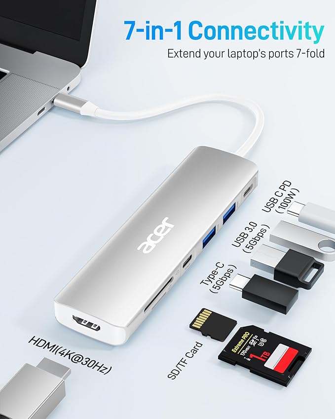 Acer USB C Dock, 7 in 1 USB-C to HDMI Hub, 2 USBA 3.1 GEN1 and 5Gbps Type-C Data Port, 4K HDMI Port, PD 100W Charging, SD Card Reader, for iPad Pro MacBook Pro Laptops and More (Silver)