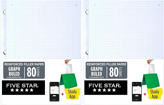 Five Star Loose Leaf Graph Paper, Reinforced Filler Paper, Fights Ink Bleed, 8.5 x 11, 80 Sheets (Pack of 2), White