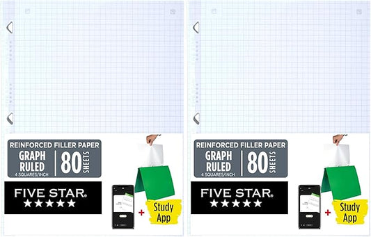 Five Star Loose Leaf Graph Paper, Reinforced Filler Paper, Fights Ink Bleed, 8.5 x 11, 80 Sheets (Pack of 2), White