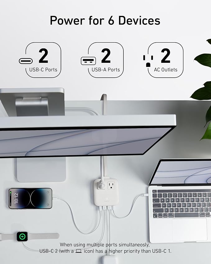Anker Travel Power Strip, Anker Nano 67W Max 6-in-1 USB C Charger, 2 AC, 2 USB A and 2 USB C, 5ft Thin Undetachable Flat Plug Extension Cord with Multiple Outlets, Travel Essentials, Cruise Essentials