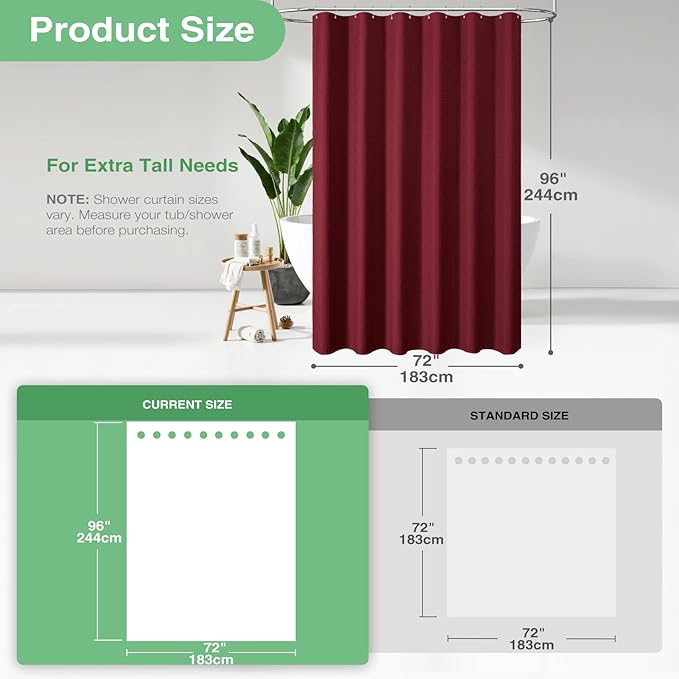 Dynamene Extra Long Shower Curtain - 96 Inch Long Waffle Weave Weighted Thick Cloth Bathroom Shower Curtain, Neutral Heavy Duty Hotel Bath Curtain Set with 12 Plastic Hooks,72x96, Burgundy