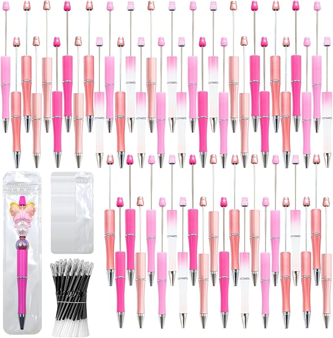 150 Pieces DIY Beadable Pen Kit – 50 Plastic Ballpoint Pens with Refills & Bags – School Supplies, Office Accessories & Decorative Items for Students & Teachers （Pink）