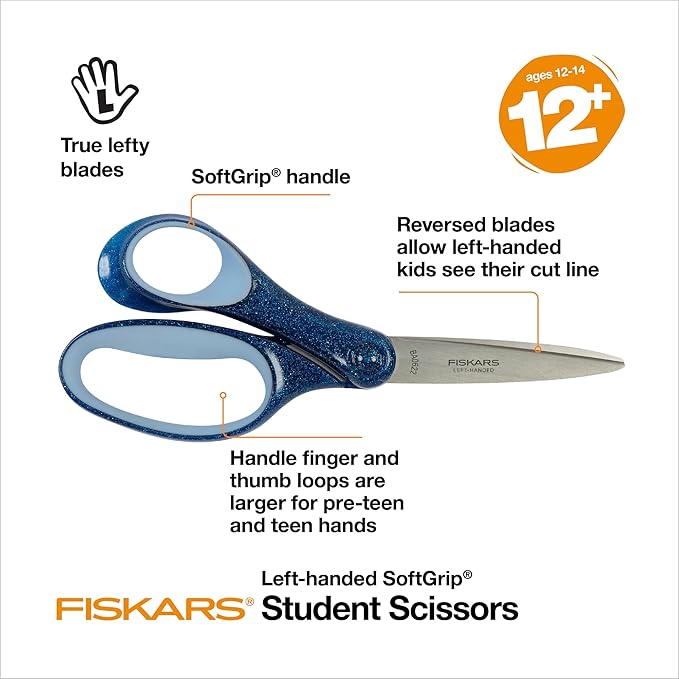Fiskars 7" SoftGrip Left-Handed Student Glitter Scissors for Kids 12+ - Left-Handed Scissors for School or Crafting - Back to School Supplies - Blue Glitter