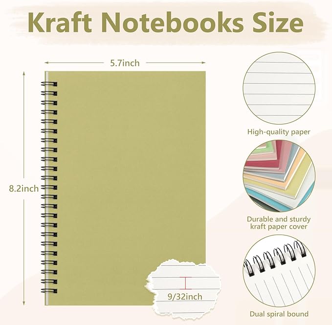 Fuutreo 24 Pcs Spiral Notebook for Work A5 8.3 x 5.7 Inch College Ruled Spiral Journal Notebook Kraft Cover, 12 Color, 60 Sheets, 120 Pages for Office School Supplies(Gemstone Color,Classic)