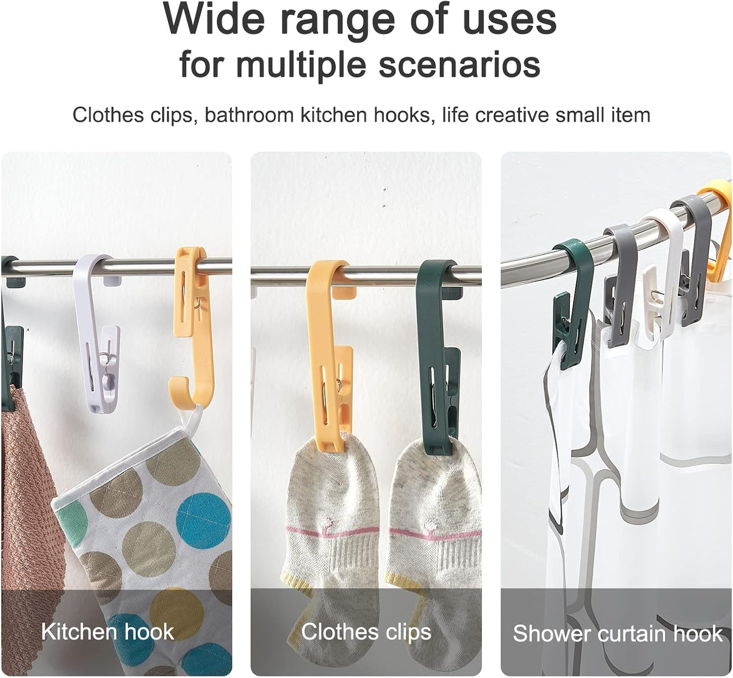 Large Clothes Pins Towel Clips, 12 Pcs Multipurpose Clothes Pins Hook, Strong Plastic Clothes Hanger. S Hook for Shower Curtain Laundry Clothes pins